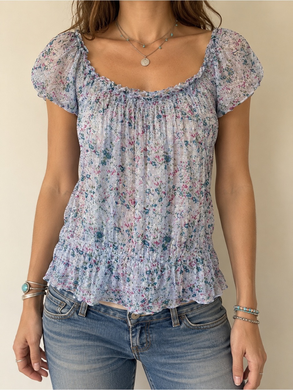 Vintage Nolita Floral Semi Sheer Crinkle Peasant Top S Cottagecore